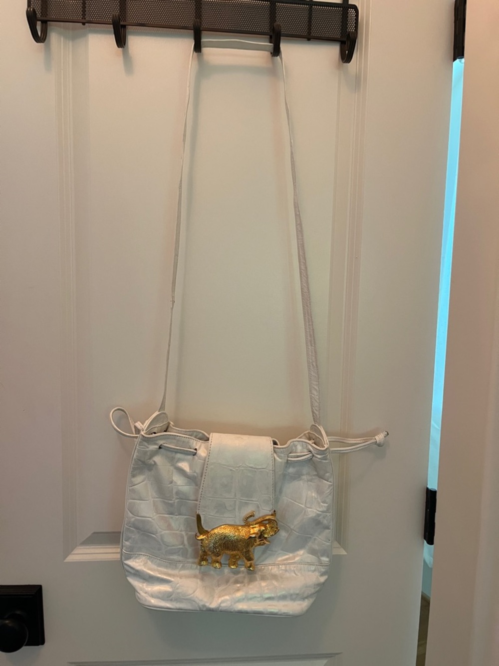 Atalla White Croc-Embossed Shoulder Bag with Gold Elephant Accent